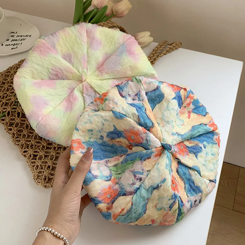 Tie Dye Floral Berets French Designer Silk Artist Hat for Women Spring Autumn Vintage Girls Painter Hats Beret Femme Cap 2023