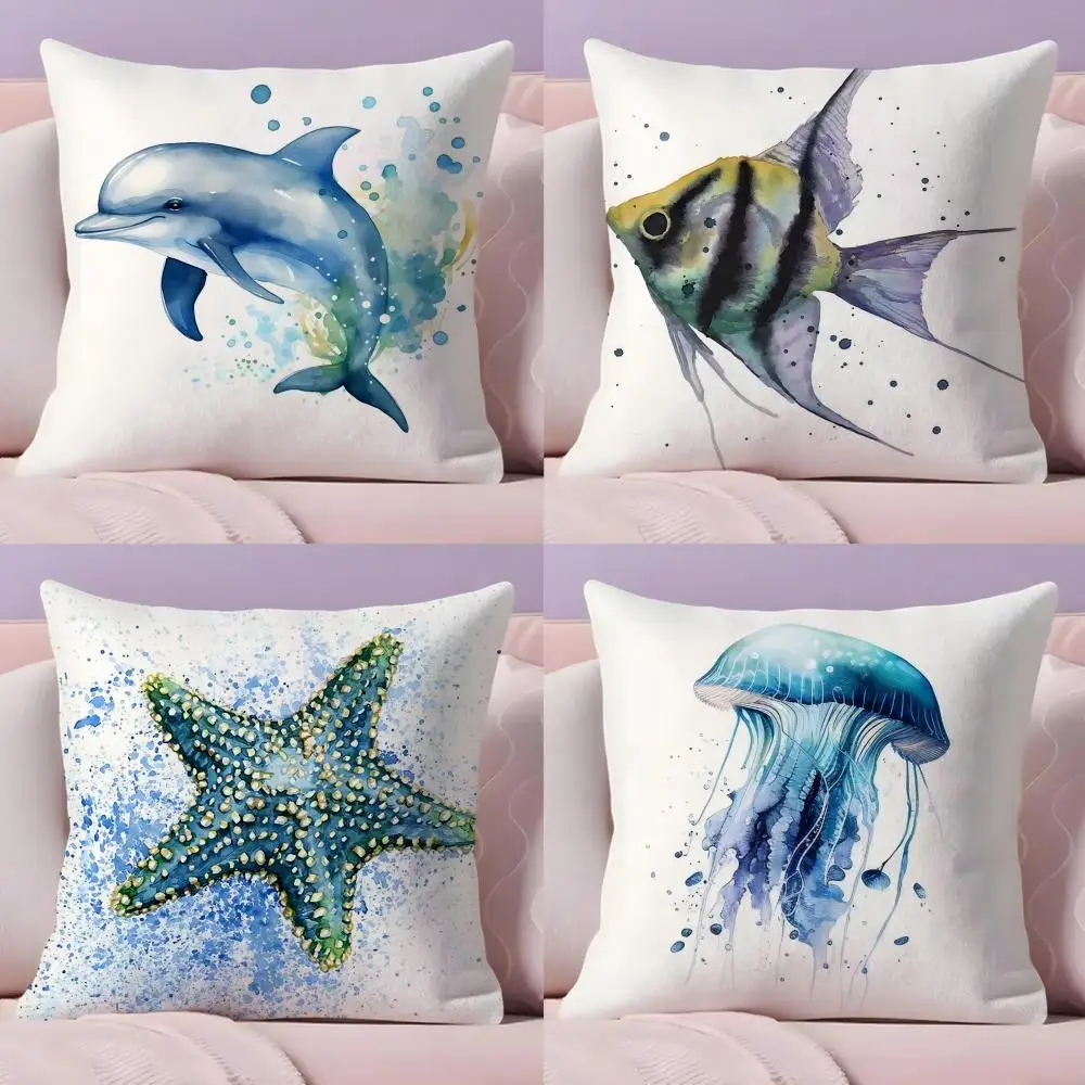 Funda de cojín con diseño de animales marinos, tortuga y coral, funda de cojín de felpa suave, funda de almohada con estampado de doble cara para decoración del hogar y sofá