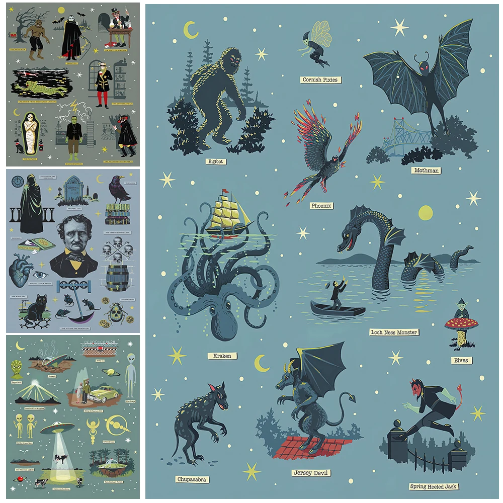 فيلم الوحش والمخلوقات الخارقة للطبيعة خمر الرسم على لوحات القماش الجدارية طباعة ، الغريبة ، UFO ، العثمان ، كراكن ملصق فني طباعة