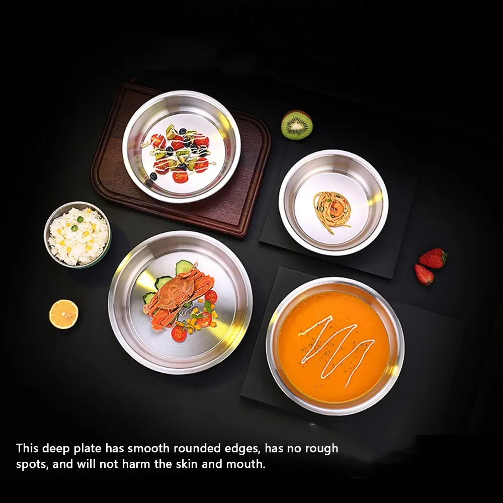 Rustless Steel Metal Plate Circular Round Thickened Edge Dinner Serving Plate Multi-size Optional Sizes Polished Surface