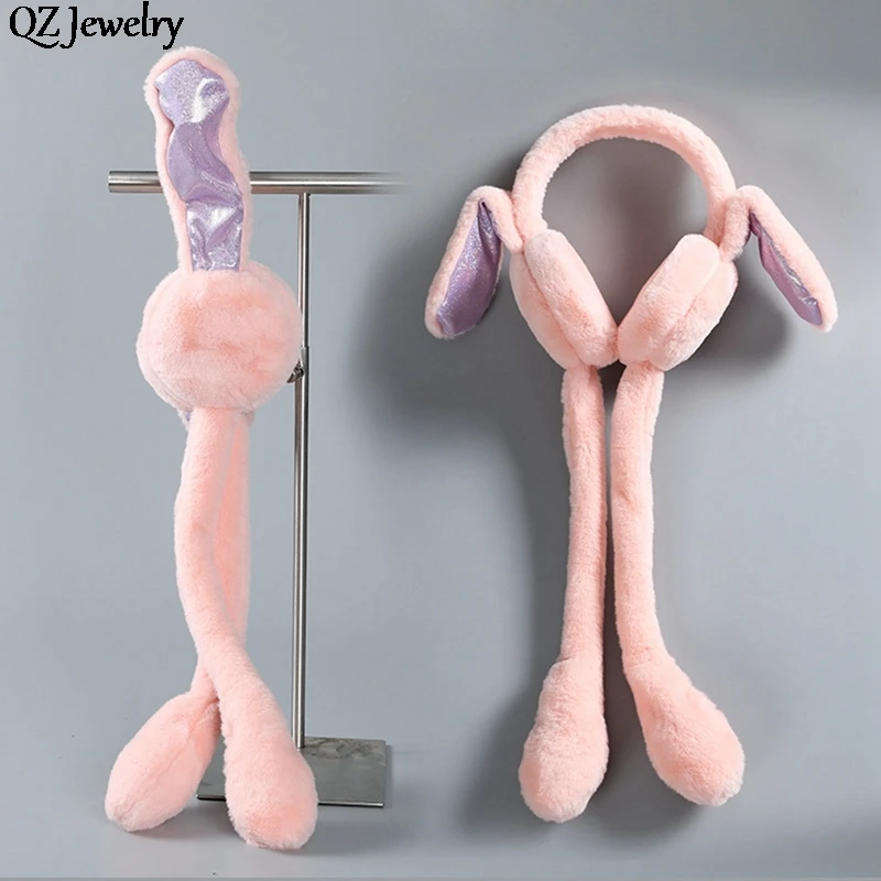 Cute Jumping Earmuff Rabbit Hat with Moving Ears Airbag Hat Funny Bunny Cap Plush Earflap Ear Movable for Adults Kids Gifts Toy