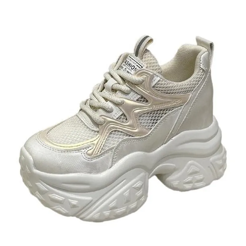 

Autumn Women Breathable Chunky Sneakers Lace Up 10CM Platform Sports Shoes Woman Thick Bottom High Heels Female Wedges Sneaker
