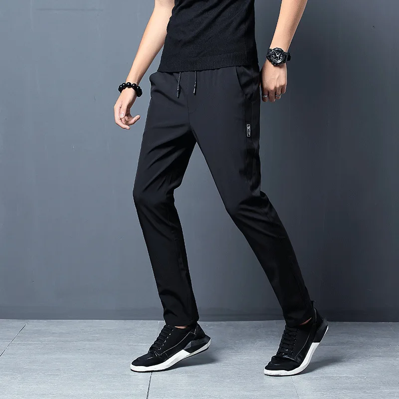 2024 New Trend Minimalist Men\'s Autumn Winter Solid Color Elastic Pocket Korean Thick Versatile Sports 9-point Casual Pants