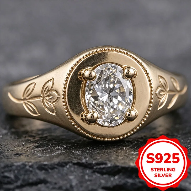 Genuine 925 Sterling Silver 14K Gold Signet Ring for Women Floral Engraved Four Prong Retro Promise Engagement Fine Jewelry Gift