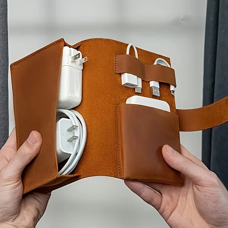 

Data cable storage roll case, PU leather travel portable headphone charger digital accessory storage bag,multi-layer storage box