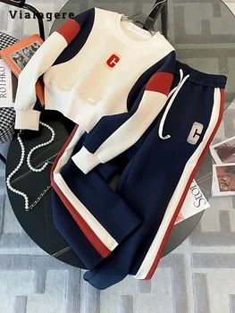 ฤดูใบไม้ร่วงฤดูหนาวฤดูใบไม้ร่วงสปอร์ตสไตล์ 2 ชิ้นชุดผู้หญิงแขนยาว Patchwork Top + กางเกง Drawstring อเมริกัน Retro กางเกงชุด