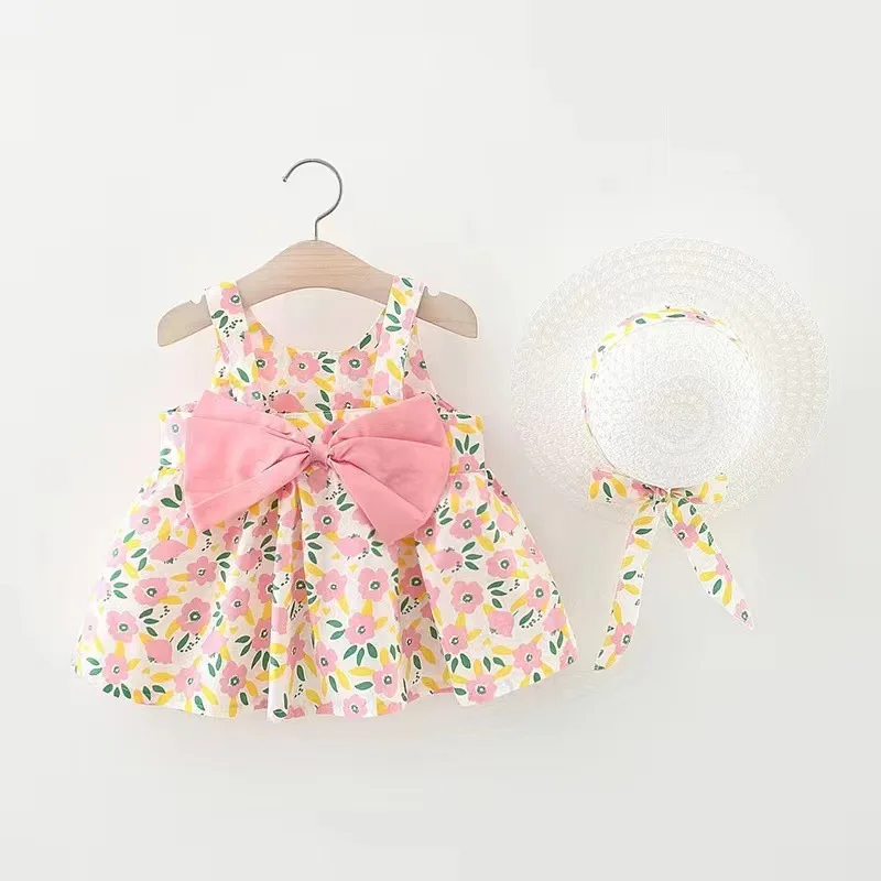 Summer Baby Girl Dress Big Bow Decor Sleeveless Dresses+Hat 2Pcs Set Baby Kids Clothing Toddler Girls Clothes