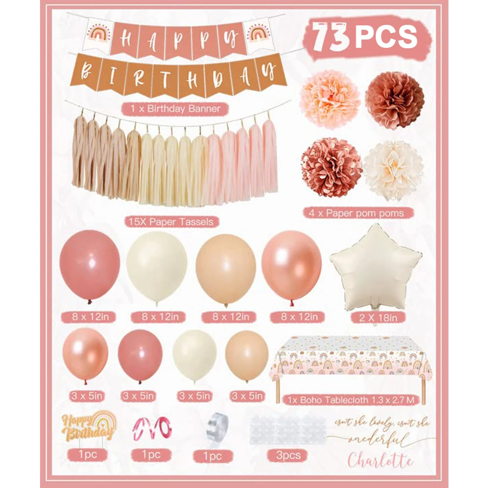 1 2 3 Year Girl Birthday Decorations Boho Balloon Paper Flower Pom Poms Happy Birthday Banner Pink Sand White Apricot Balloon