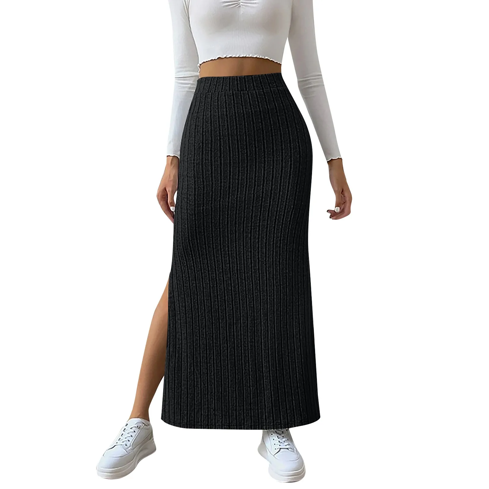 Summer Ladies\' New Fashion Solid Color Plaid Patchwork Side Slit Slim Fit Knit Skirt Sexy High Street Daily Date High Dress