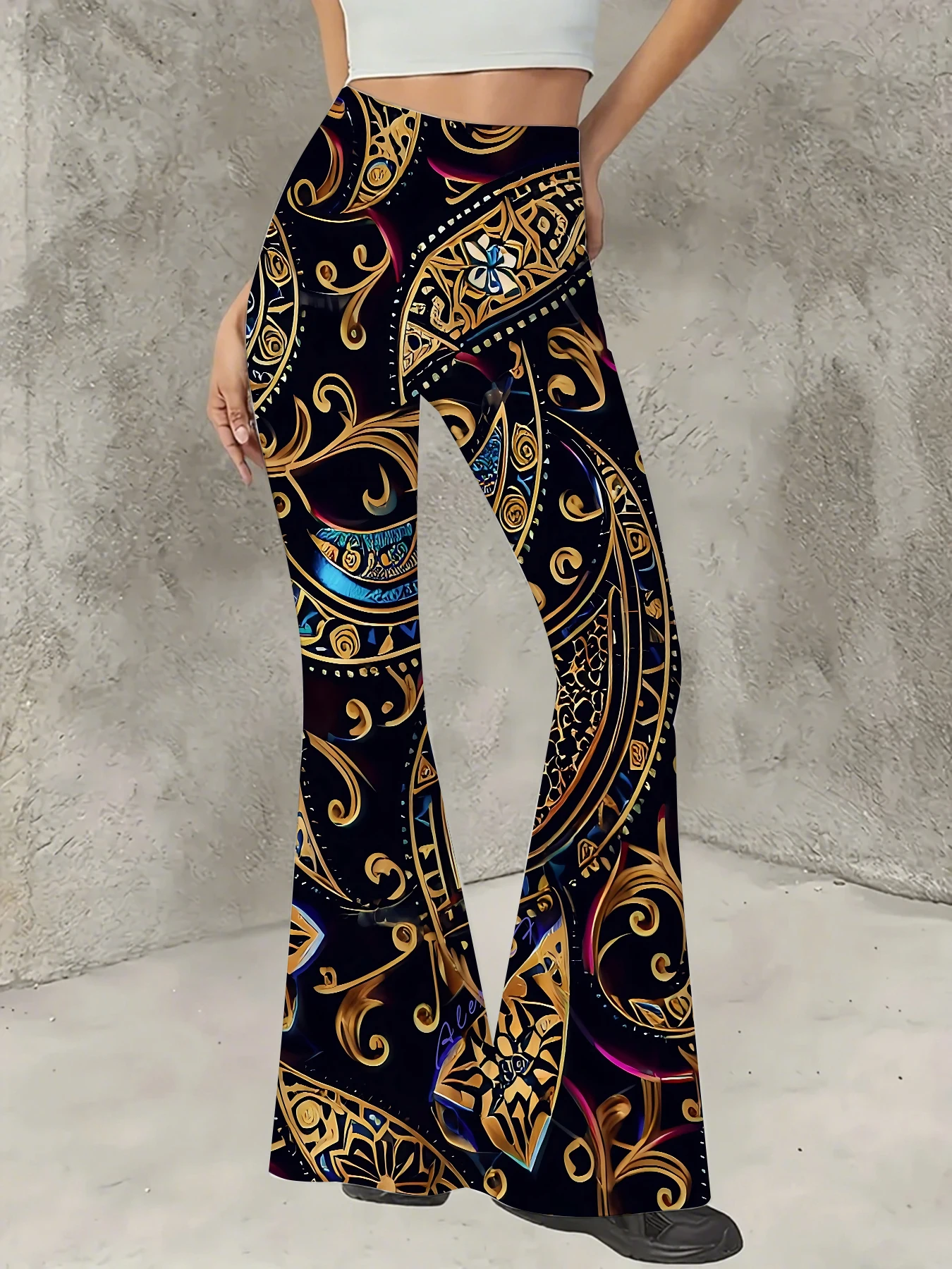 

Women's Boho Printed Flare Pants Vintage Knit High Waist Wide Leg Trousers