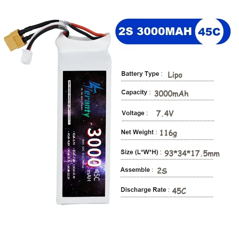 2PCS 7.4V Lipo 2S Battery 1500mah/1800mAh/2200mah/2700mah/3000mah/3300mah RC Car Drone Racing Hobby 45C/60C Lithium Polymer