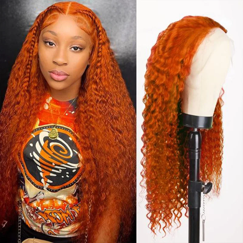 

Ginger colored deep wave hd lace frontal human hair wig 13x6 Brazilian transparent glueless cheap curly wigs on sale clearance