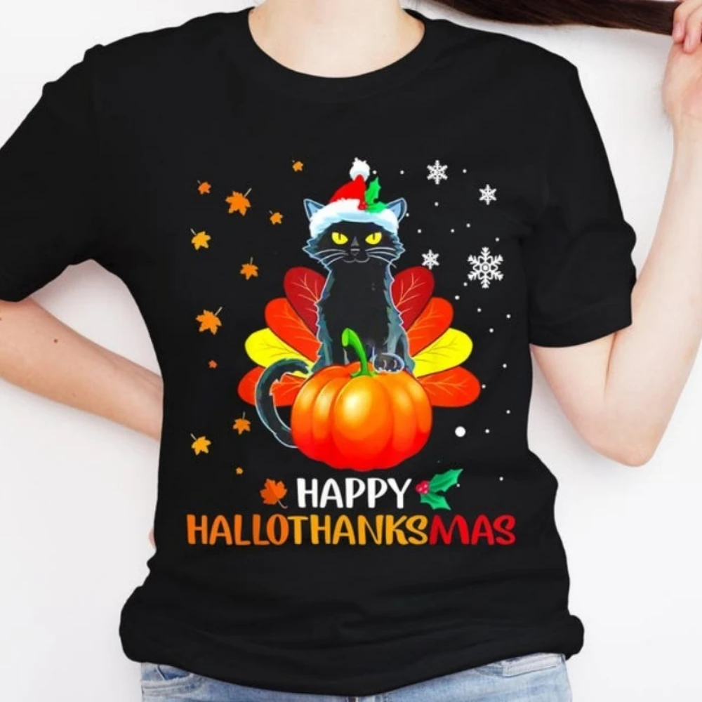 

Happy Hallothanksmas Black Cat Halloween Thanksgiving Christmas T-Shirt Gift Tee for You and Your Friends Novelty Clothes