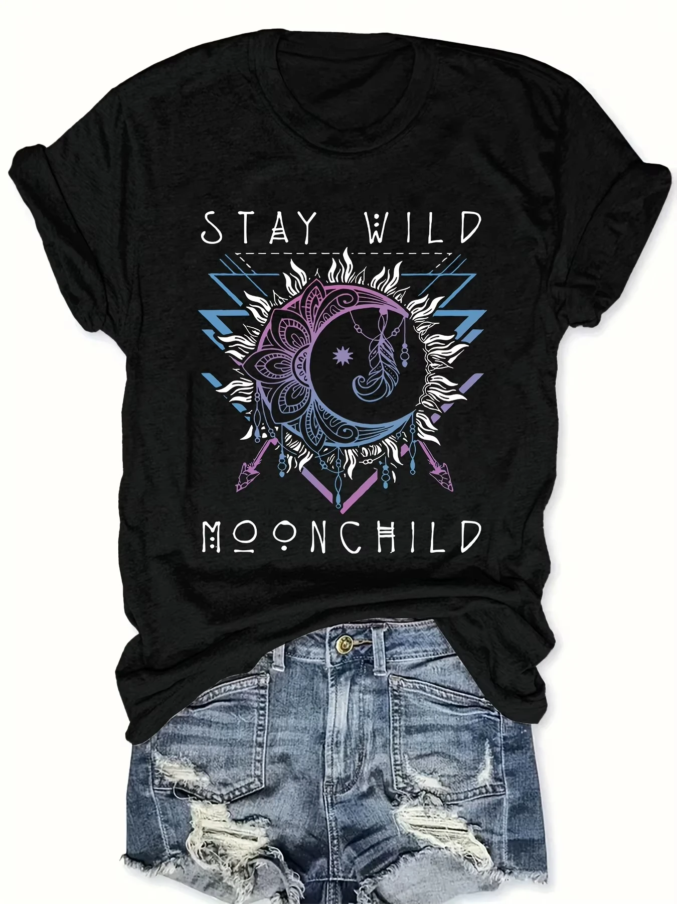 Unisex Stay Wild Moonchild Graphic T Shirt Boho Moon Sun Mandala Print Short Sleeve Crew Neck Casual Summer Tee