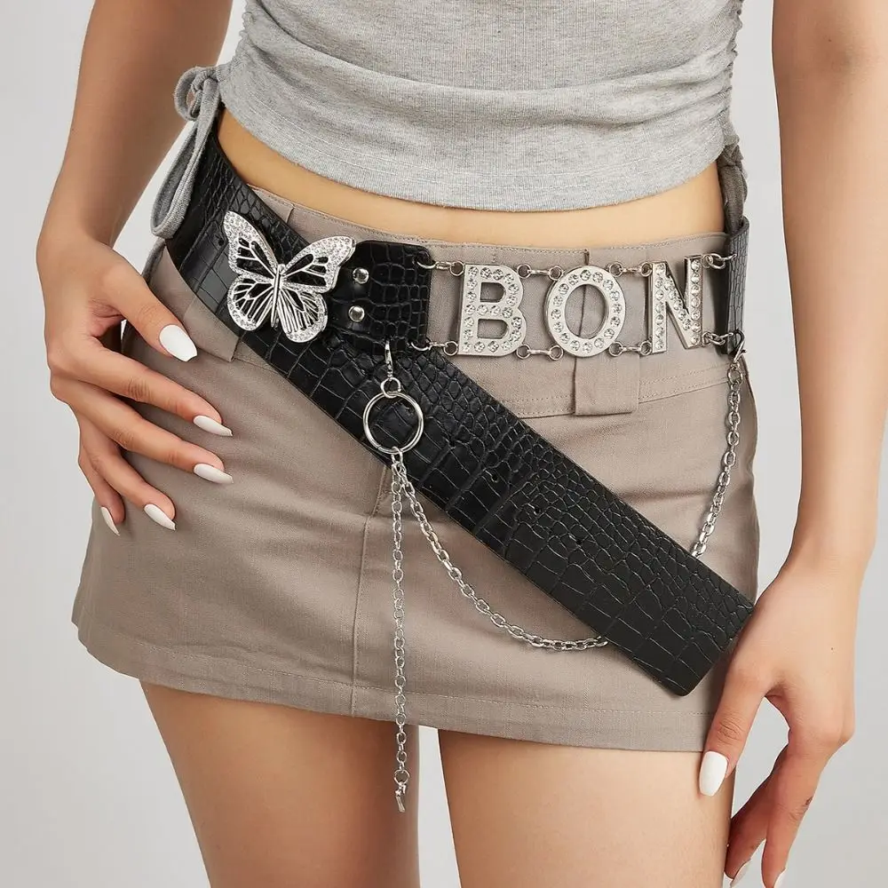 

Personality PU Leather Rhinestone Belts Spice Girl Chain Butterfly Waist Chain Y2K Alloy Waistband Skirt Accessories