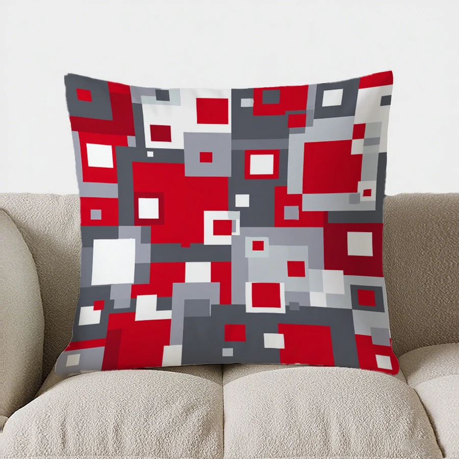 Modern Red & Gray Square Pattern throw pillow cover with short plush print for living room sofa decoration cushion cover