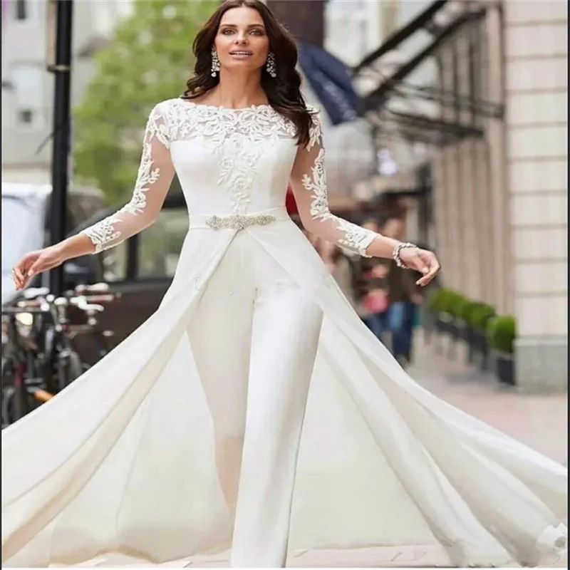 

Evening Dress Women Ivory Jumpsuit Beach Wedding Dresses Bateau Neck Long Sleeves Lace Bridal Outfit Summer Beach Wedding Gowns