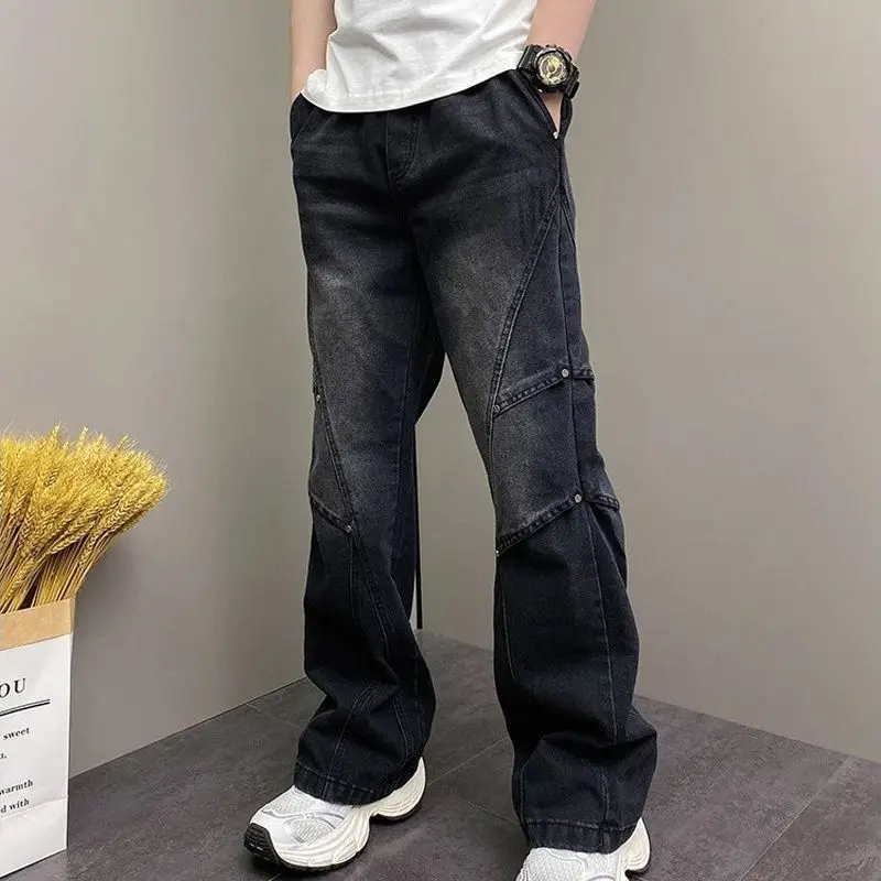 Mens Versatile Deconstructed Denim Trousers Elastic Waist Loose Fit Straight American Edgy Flare Pants
