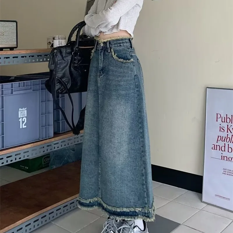 Women\'s Long Denim Skirt Retro Burlap High-waisted Cowboy Skirt Streetwear Trend Fashion Loose Large Size A-line Y2k Jean Skirt