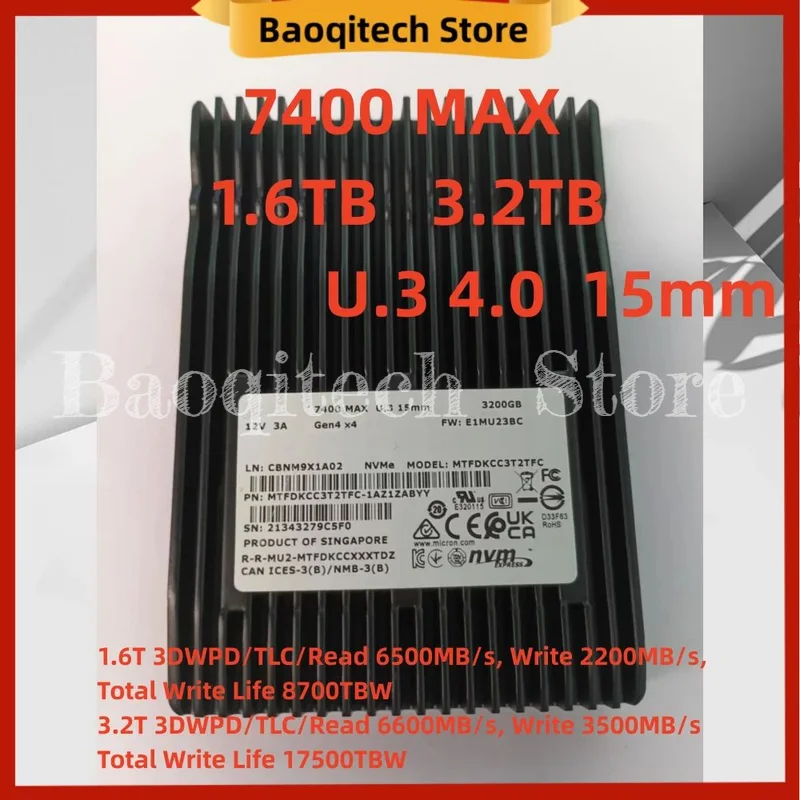 Original 7400 MAX  1600G 3200G NVMe Gen4.0X4 U.3 15mm Enterprise Server 3.2T 1.6T PCIE U.2 Solid State Drive For Micron ssd max