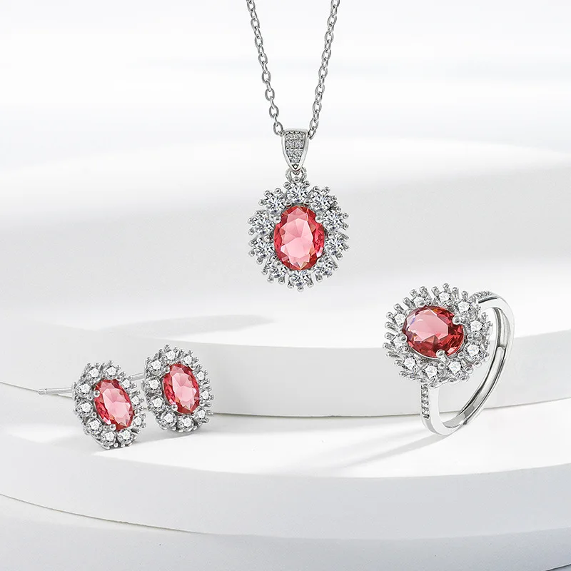 Oval Cut Pink Ruby Color Cubic Zirconia Jewelry Set, 925 Silver Halo Gemstone Necklace Earring Ring Set Party Gift for Ladies