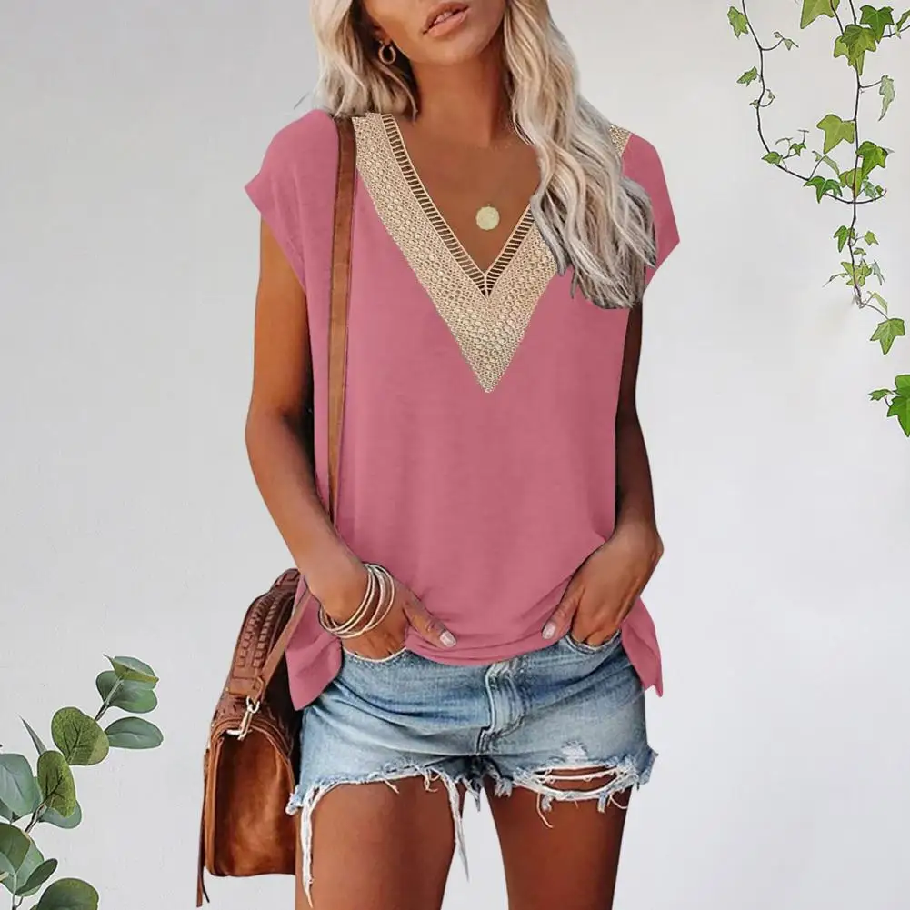 Women Summer T-shirt Deep V Neck Short Sleeves Loose Blouse Casual Mid Length Pullover Top Women Clothes