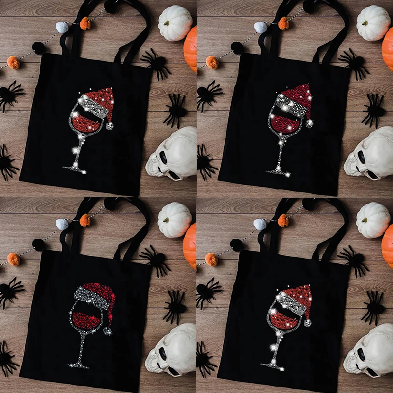 Santa Hat Wine Glass Pattern Canvas Tote Bag Best Christmas Gift Reusable Shopping Bag XMAS Shoulder Bag Holiday Handbag Trend