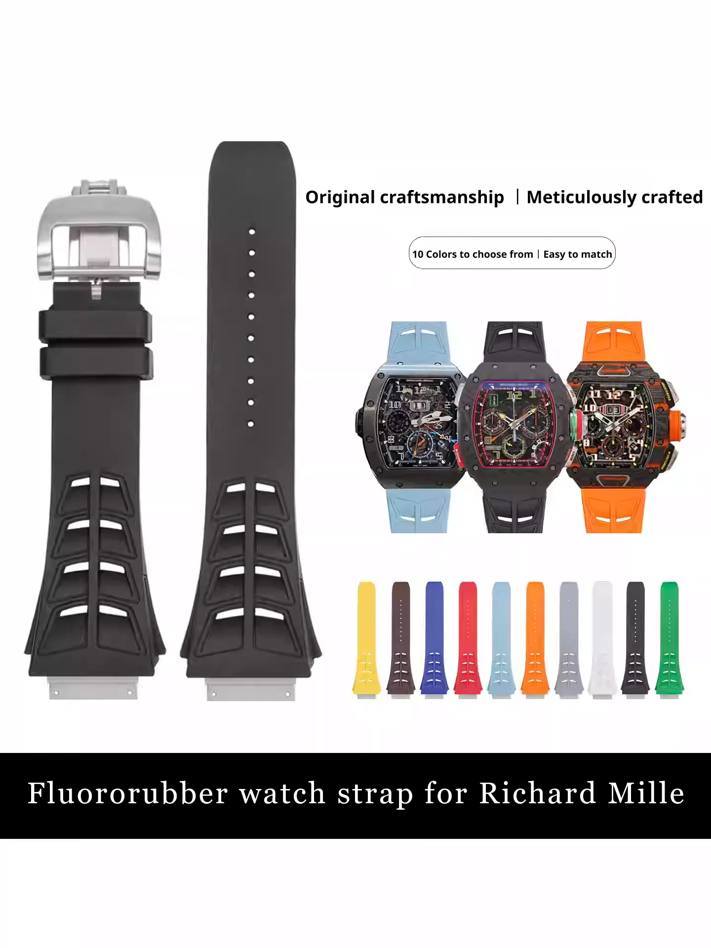 Premium quality exquisite craftsmanship FKM rubber watch strap for Richard Mille Steel end piece watch band wrist belt bracelet