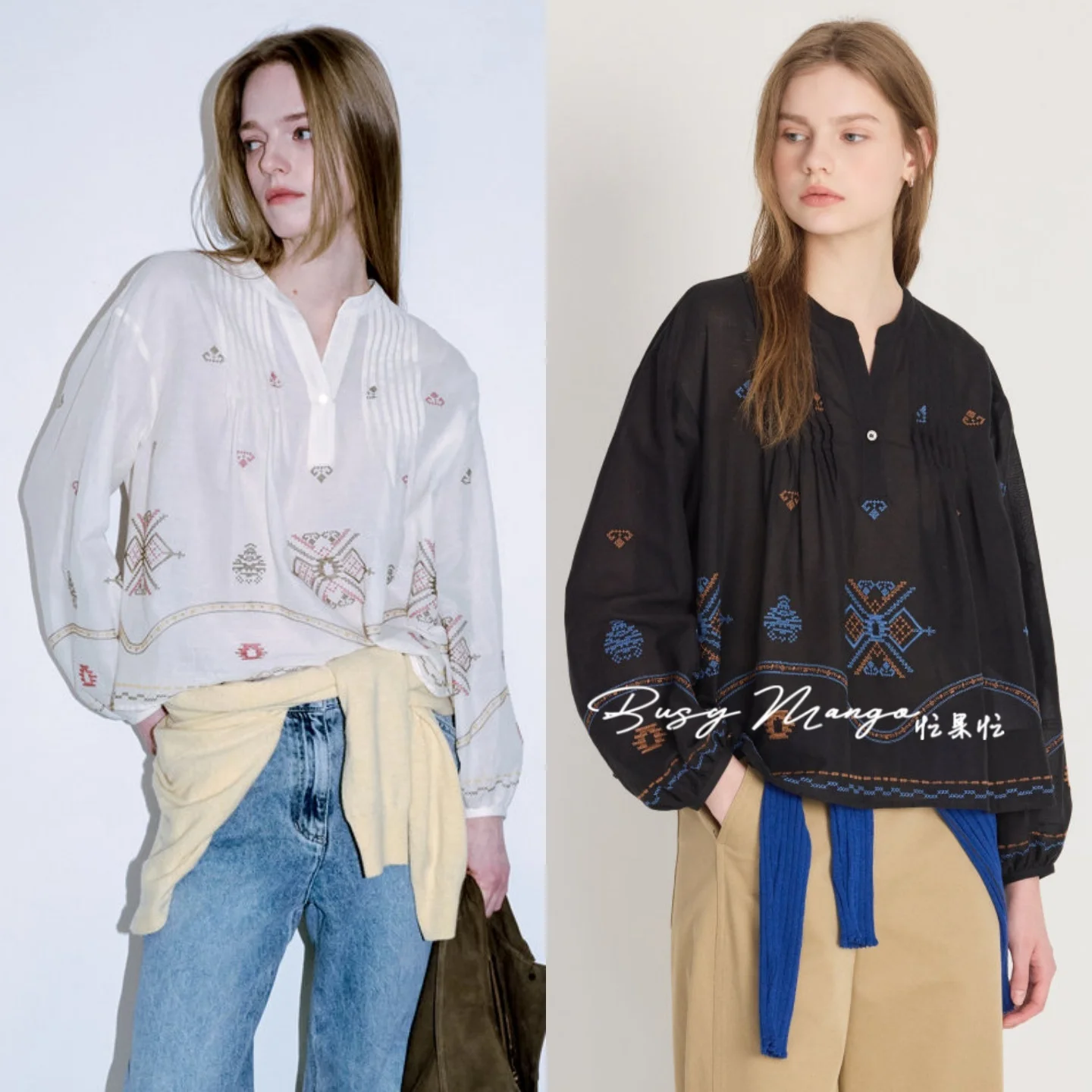

Bohemian Style Embroidered Cotton Shirt Stand Collar Half Open Front Accordion Pleat Design Slimming Gentlewoman's Blouse