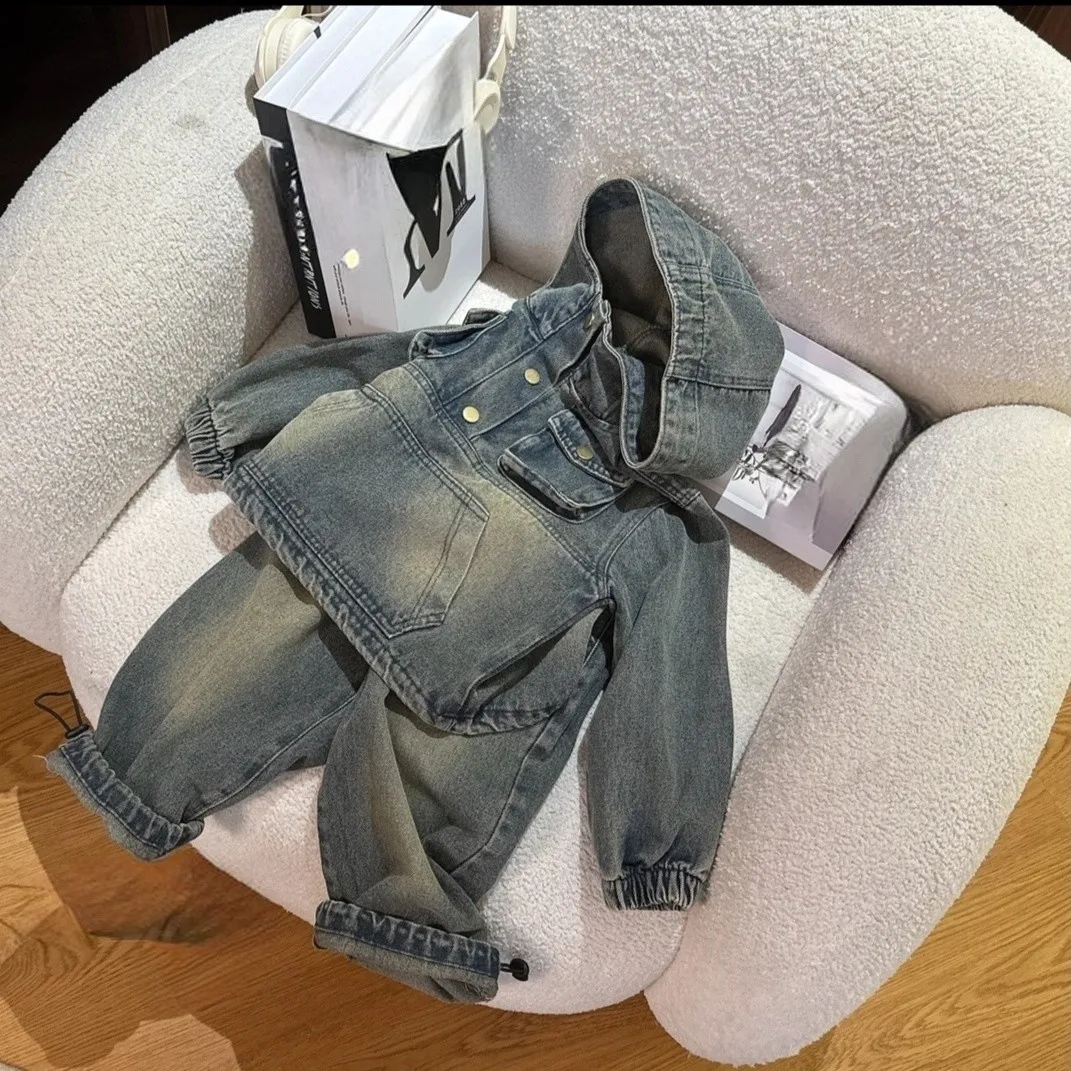 

Children's Denim Casual Set 2025 Spring New Boys' Korean Edition Denim Hoodie+Jeans Two Piece Set