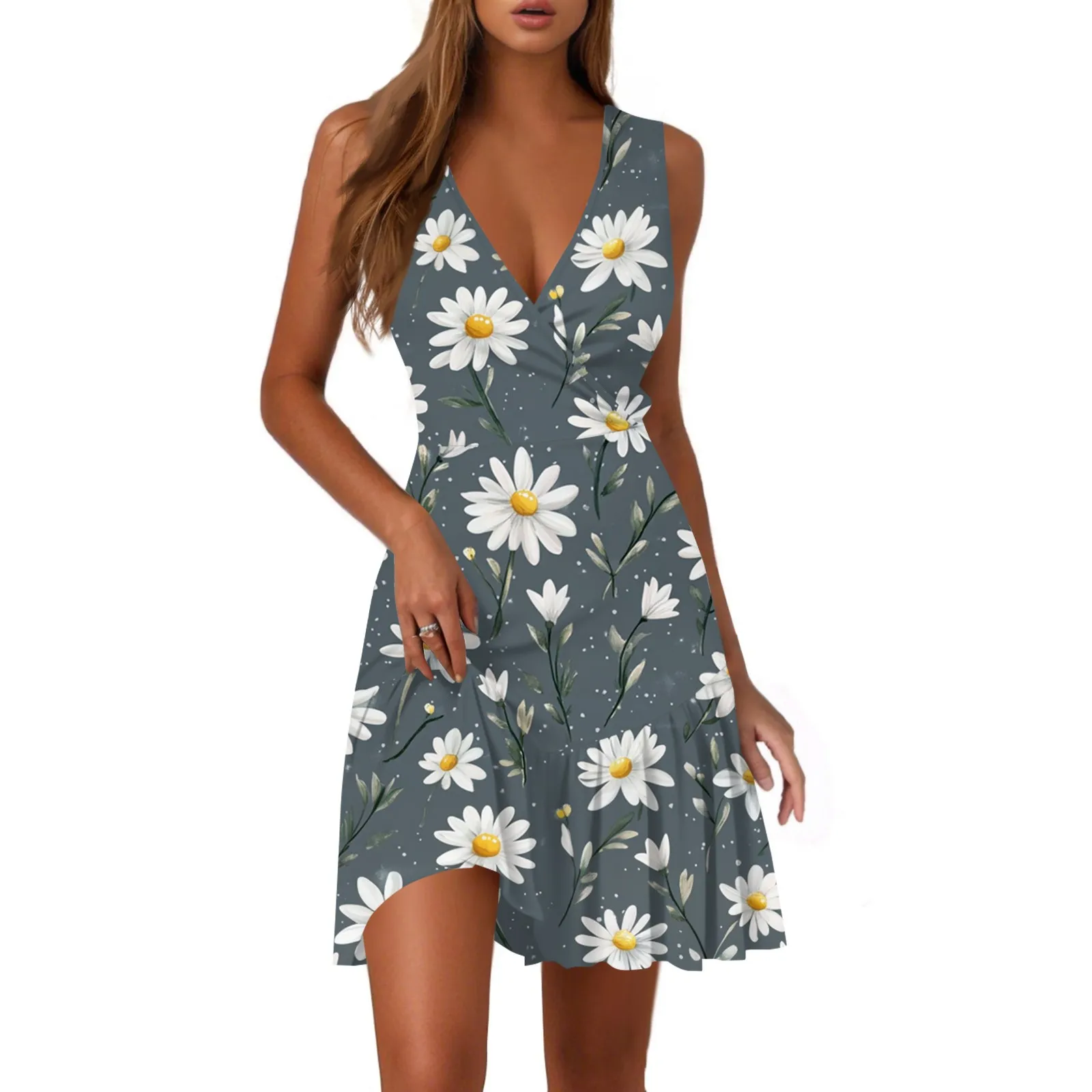 Women's Summer Sleeveless Sexy Wrap V Neck Floral Sundress Mini Dress Ladies Casual Fashion V-Neck Sleeveless Floral Print Dress