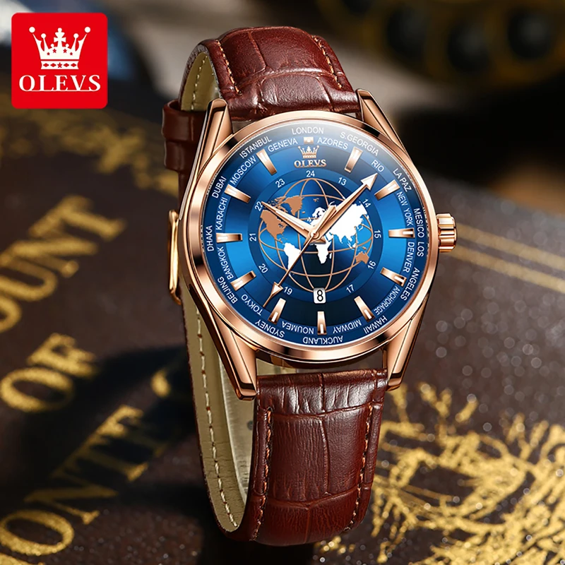 

OLEVS Fashion Earth Pattern Creative Wristwatches Men Watch Casual Clock Luminous Waterproof Leather Strap Calendar Display 9926