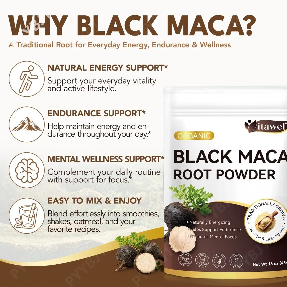 Organic Black Maca Root Powder for Maintain Energy, Endurance & Overall Vitality, Promotes Mental Focus Vegan Easy To Mix 454g