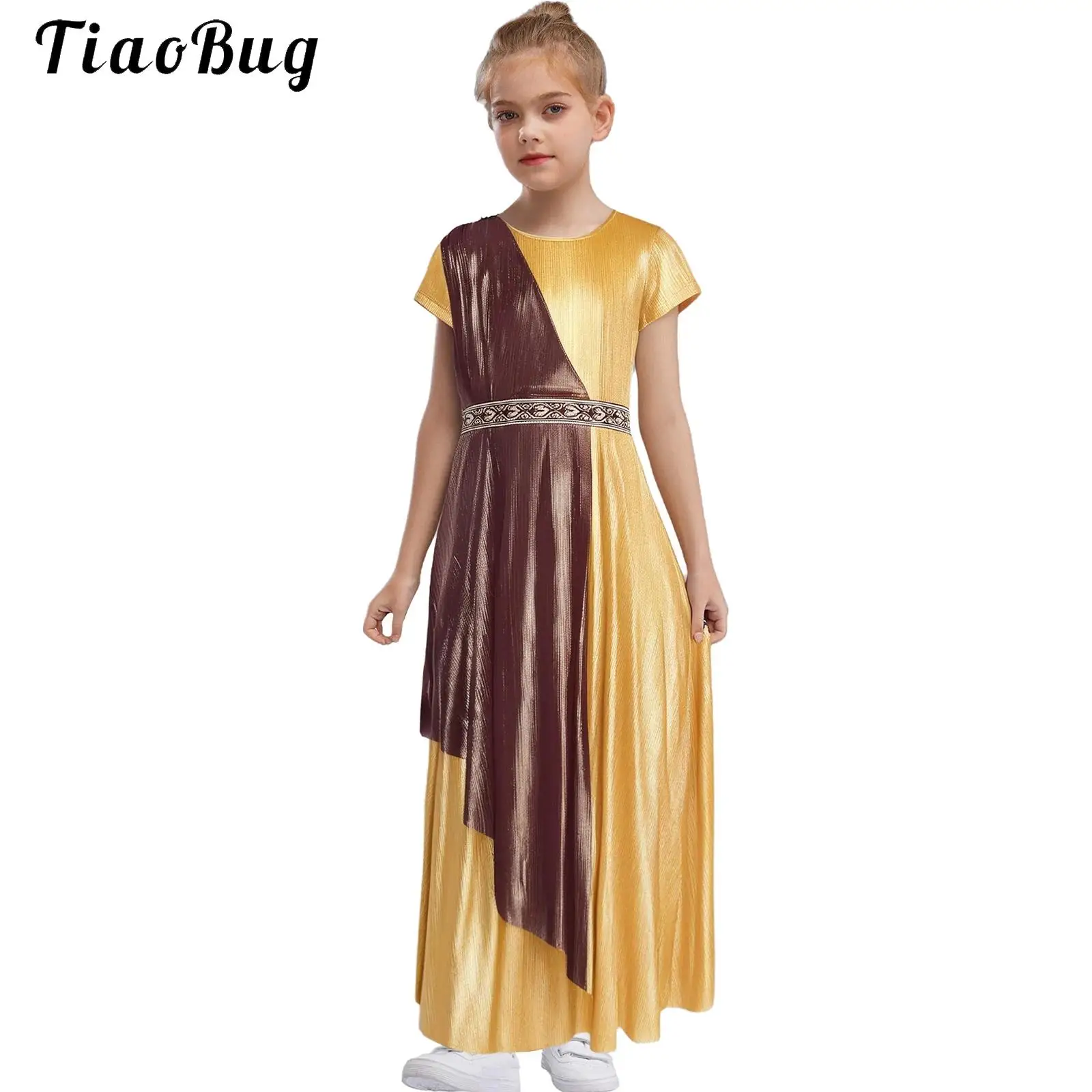 

Kids Halloween Greek Goddess Costume Metallic Shiny Girls Toga Athena Dress Halloween Cosplay Princess Fancy Dress Up Outfits