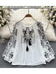 Women Spring Summer Blouse French Printed Shirt New Loose Long Sleeve Design Small Retro Lantern Sleeve Embroidery Top D2564