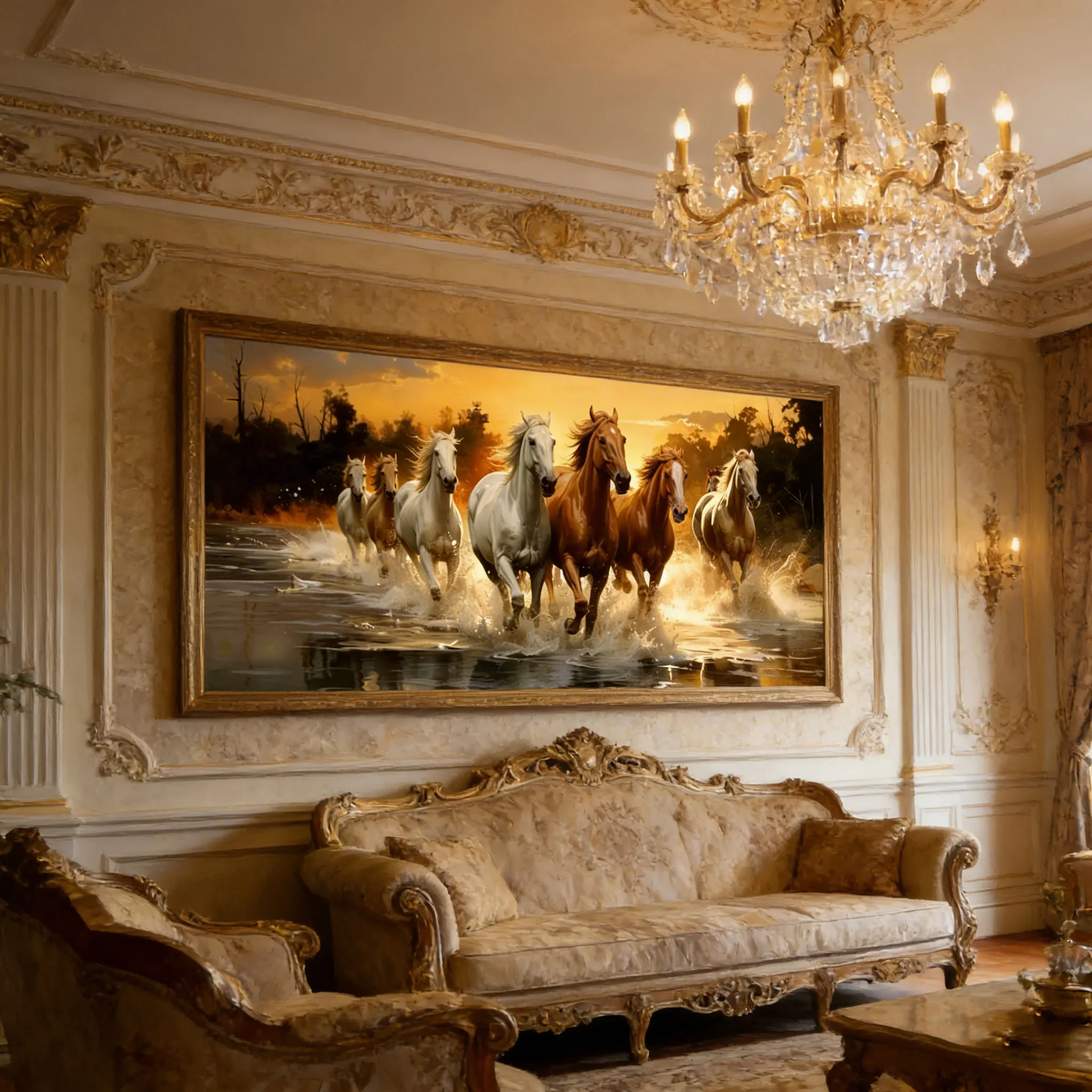 Dynamic Seven Running Horses Panoramic Wall Print Decor - Majestic Illustration of White & Chestnut Horses Galloping Through Wat