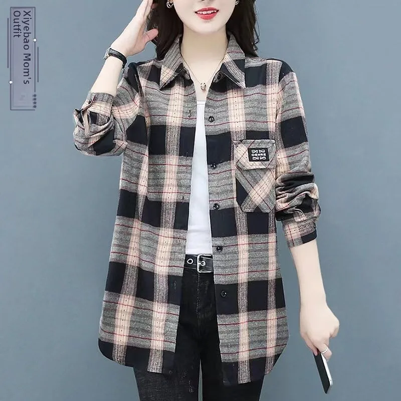 

Spring Autumn Plaid Loose Slimming Long Sleeve Shirt Women's Outerwear Fashionable Versatile Mom's Clothing plus Size
