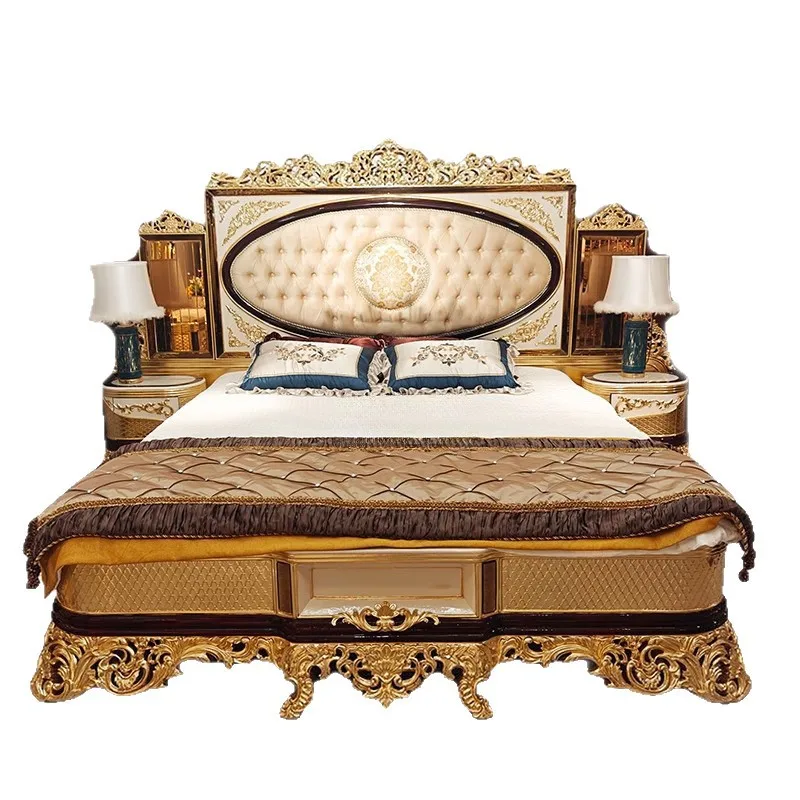 French court style fabric double bed, luxury retro gold foil solid wood wedding bed European master bedroom 1.8 meters princess