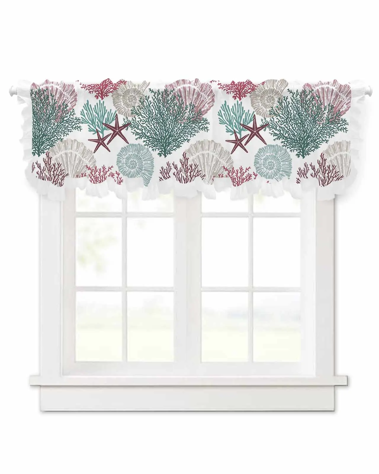 Ocean Coral Shell Starfish Short Tulle Half Curtains for Living Room Kitchen Door Cafe Window Sheer Valance Drapes