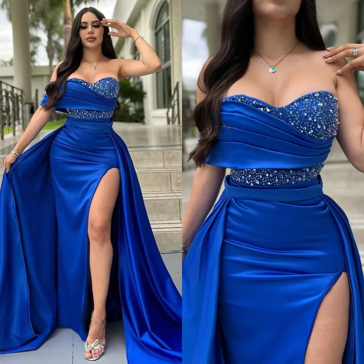 Vestido de noche de sirena de lujo con purpurina, Sexy, escote Corazón, hombros descubiertos, envoltura de cadera, abertura lateral, hasta el suelo, bola formal, fiesta de cóctel