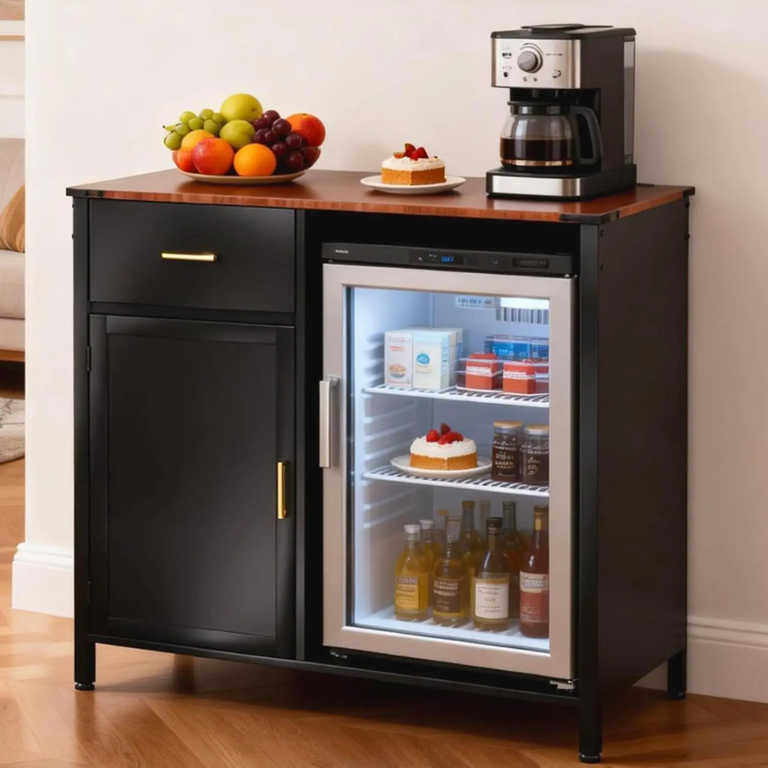 Coffee Bar Cabinet with Mini Fridge Space, Charging Station & LED Lights, 9 Grid Storage, Modern Wine Cabinet, Customized