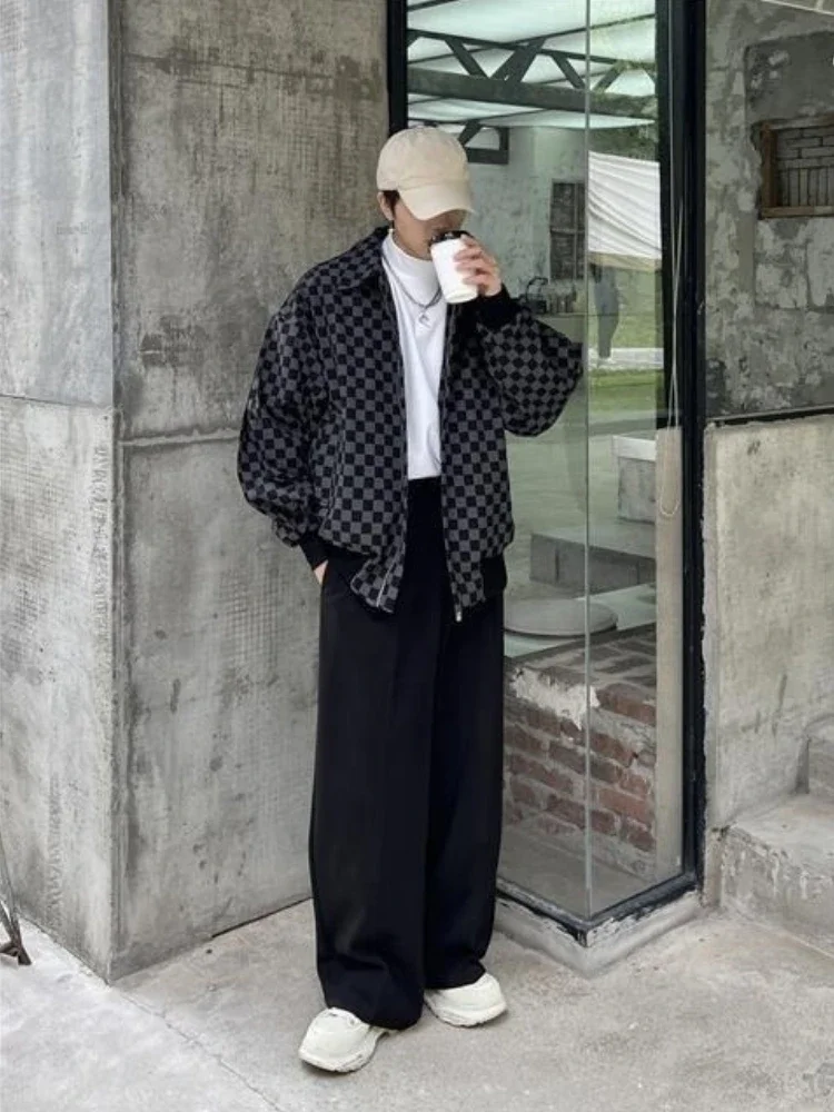Edgy Checkerboard Baseball Jacket for Men Students Irregular Plaid Design Autumn Spring Jacket