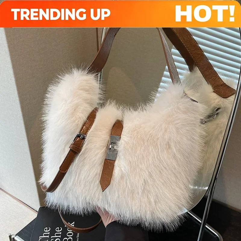 Stylish Fluffy Shoulder Bag Simple Texture and Large Capacity Crossbody Bag Phone Soft Fur Macaron Color Storage Bag  New Design