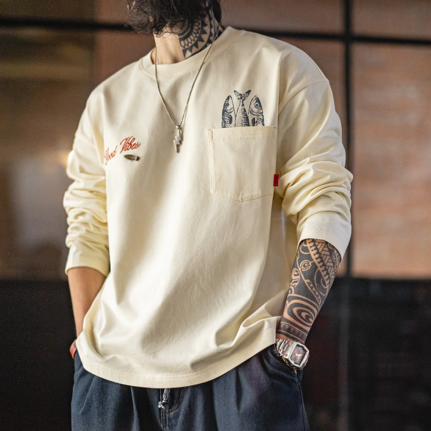 Maden Men's Cotton Fish Printed Long Sleeve T-shirt with Pocket Loose Fit Crewneck Casual Soft Tee For Spring Autumn