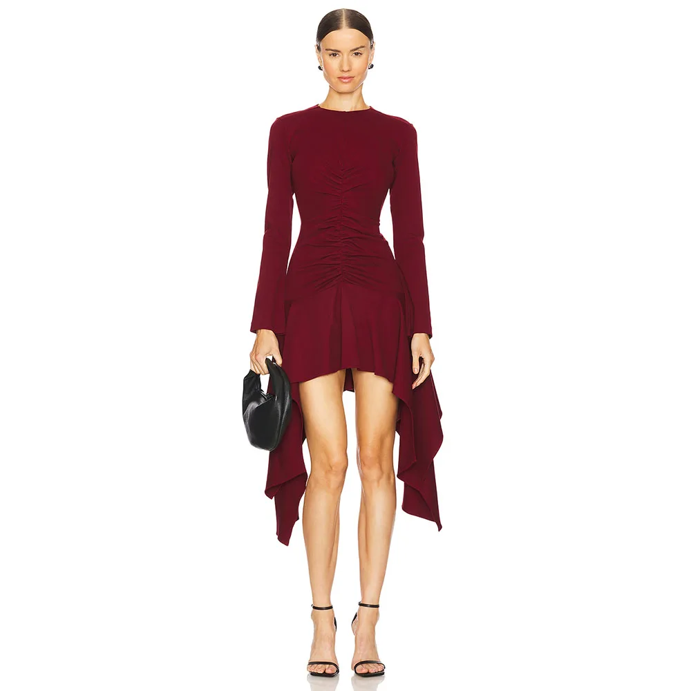 

Burgundy Mermaid Cocktail Dress Knee Length Mini Short Ruffles Holiday Party Gown Long Sleeves Evening Dress Pleat Saudi Dress