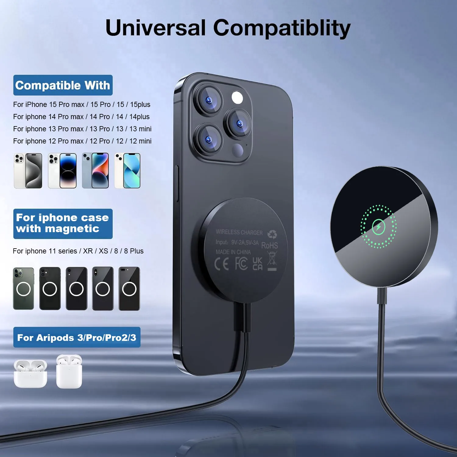 15W Magnetic Wireless Charger Fast Charging Pad Stand for iPhone 15 14 13 12 Series Phone  Airpods Pro 2 3 Chargers Dock Station