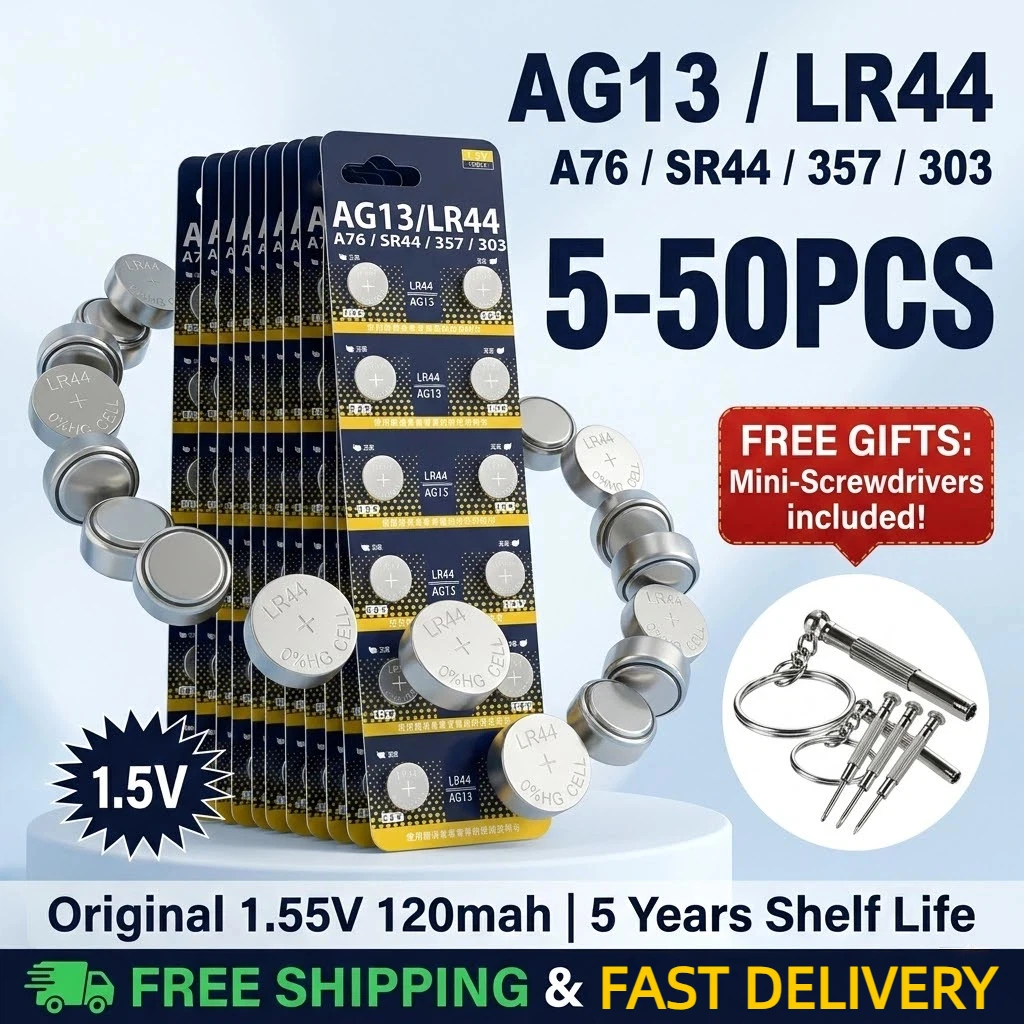 LR44 AG13 1.5V Battery 5-50PCS, 357 SR44 A76 LR1154 Button Cell Coin Batteries for Electronic Toys, Watch, Hearing Aid, Remote