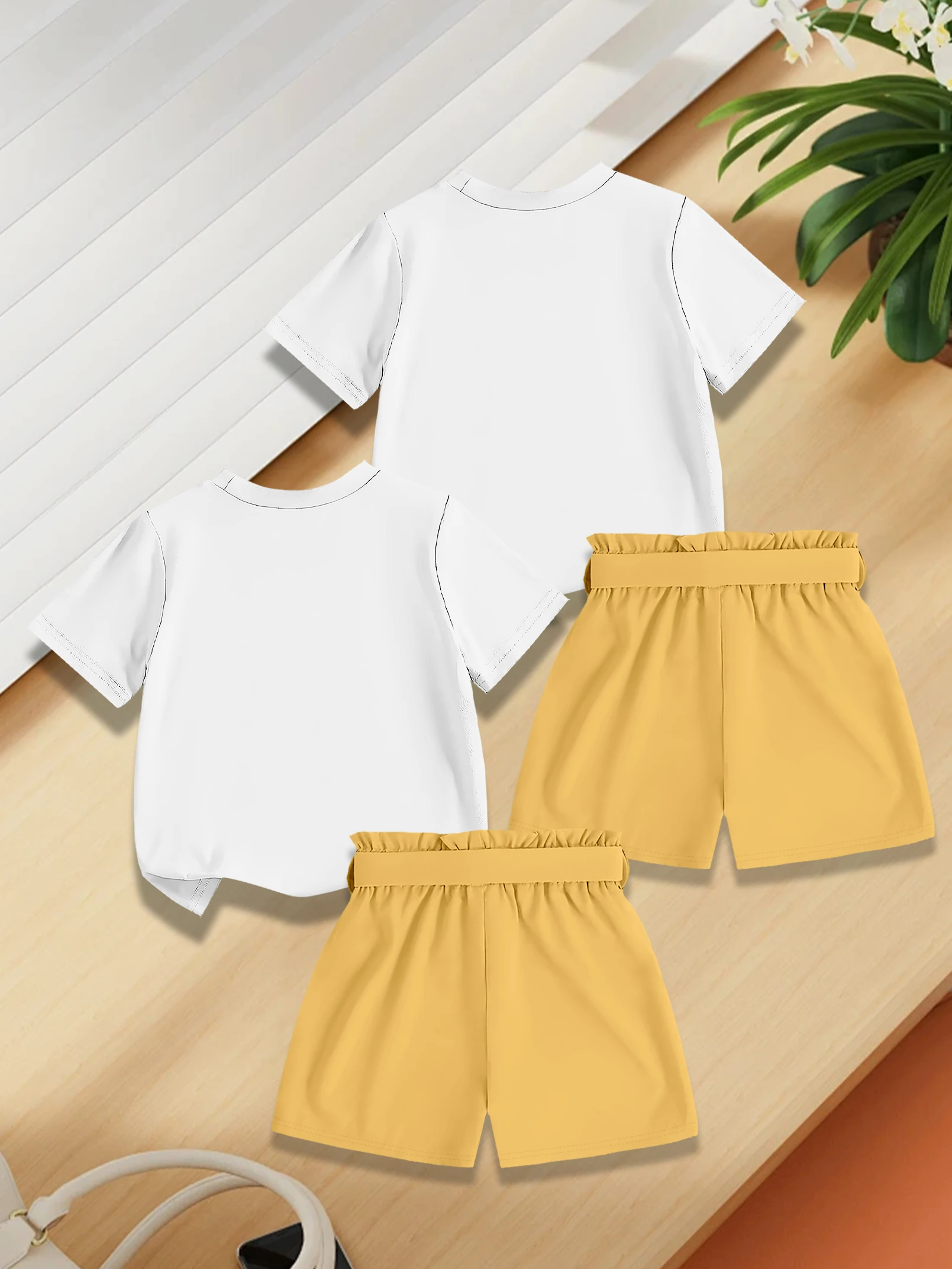 4 pieces: Girls Sweet Cute Outfit Cartoon Confused Sleepy Cat Print Short Sleeve + Bow Decor Woven Shorts Summer