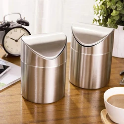 Stainless Steel Desktop Trash Can Office Desk Storage Bucket Mini Flip Home Car Trash Can