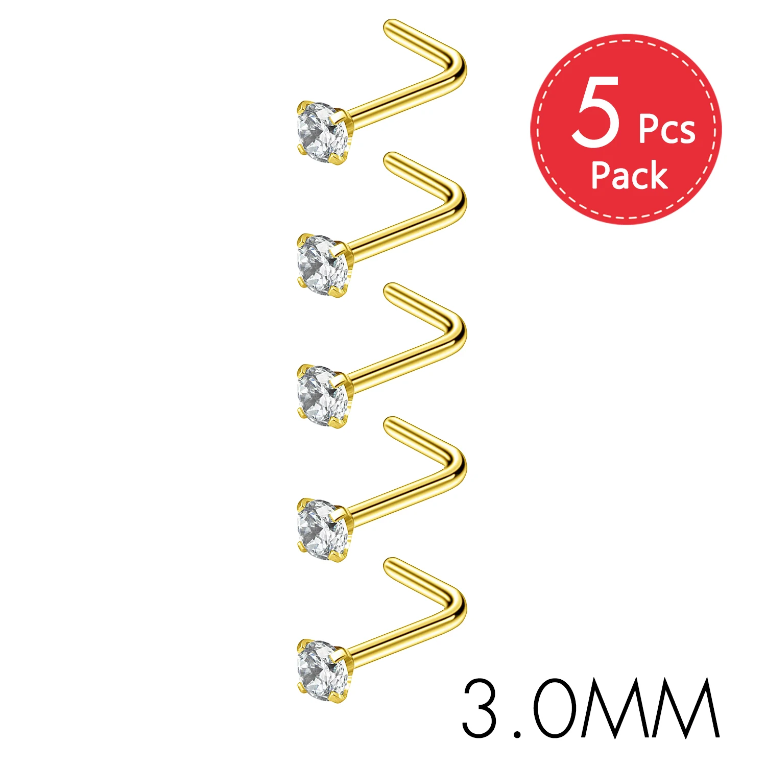 CZ Gem Stainless Steel Nose Piercing Studs, 5Pcs Set